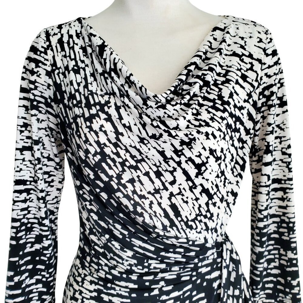 Lauren Ralph Lauren Faux Wrap Dress Black & White Abstract Print 3/4 Sleeve 4 - Picture 3 of 16